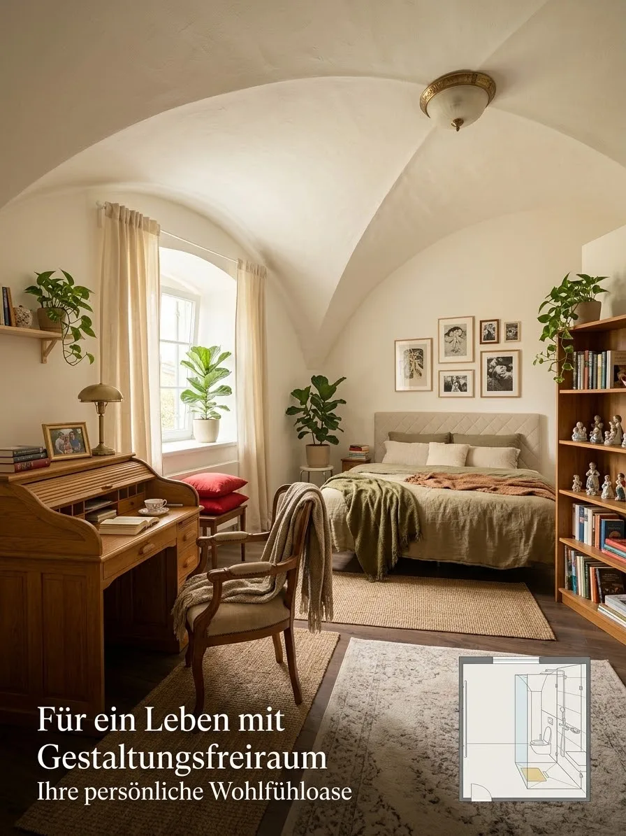 Wohnbeispiel eines Zimmers mit Gewölbedecke, Bett, Sekretär und Bücherregal sowie eingeblendetem Grundriss. Bildtext: Für ein Leben mit Gestaltungsfreiraum – Ihre persönliche Wohlfühloase.